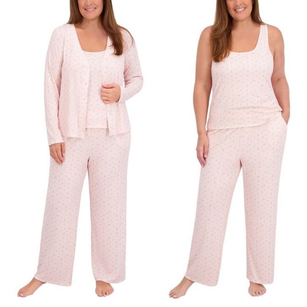 Live2Lounge Women's 3-pc Pink Floral Picot Relaxed Lounge Set Pant Tank Cardigan
